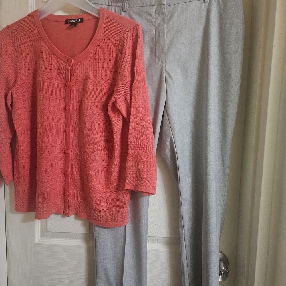 Roz & Ali Coral Knit Button-Front Cardigan with Light Gray Trousers